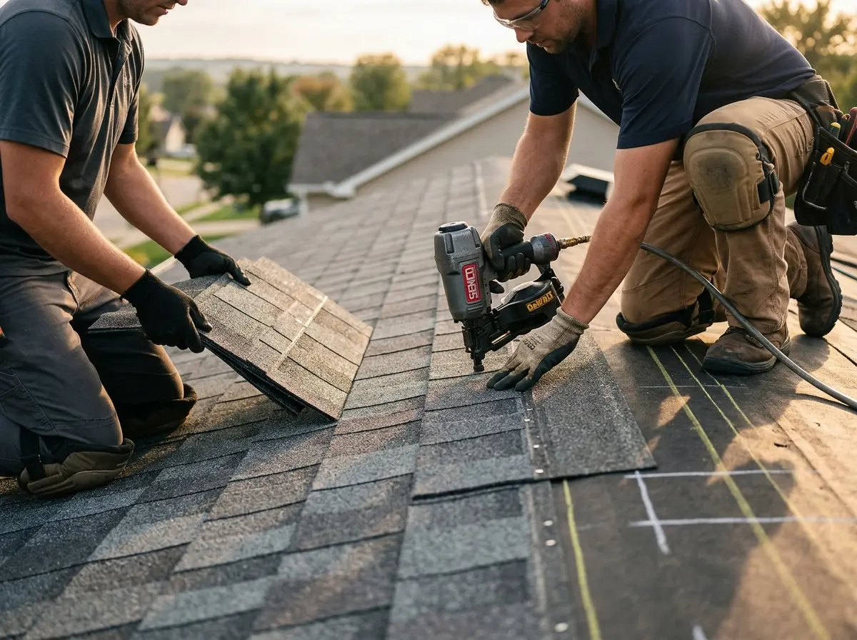 Professional roofer working on a residential roof in Bagley